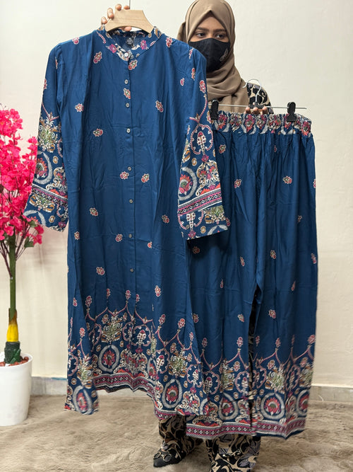 Soft Rayon Cord Set Peacock Blue Bot Print