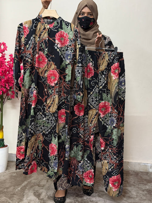 Soft Rayon Cord Set Black Floral Print