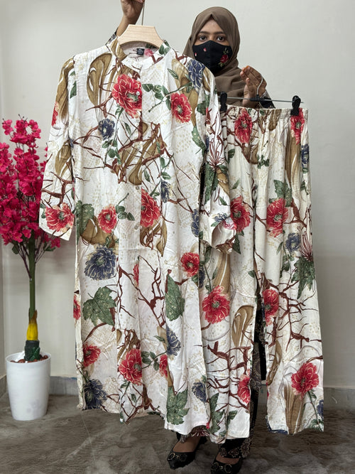 Soft Rayon Cord Set Half White Floral Print