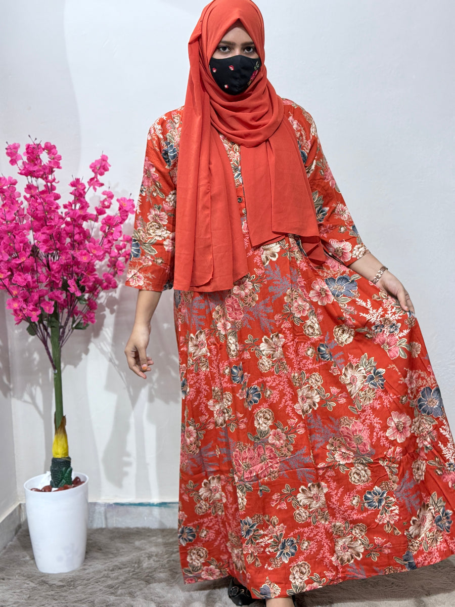 Panel Cut Maxi Floral Print Rust Red