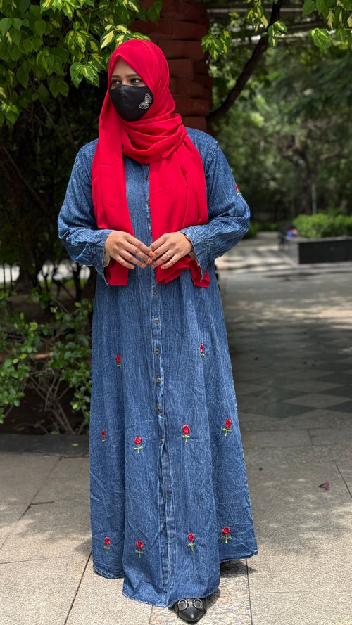 Denim Abaya Rose Embroidery Blue