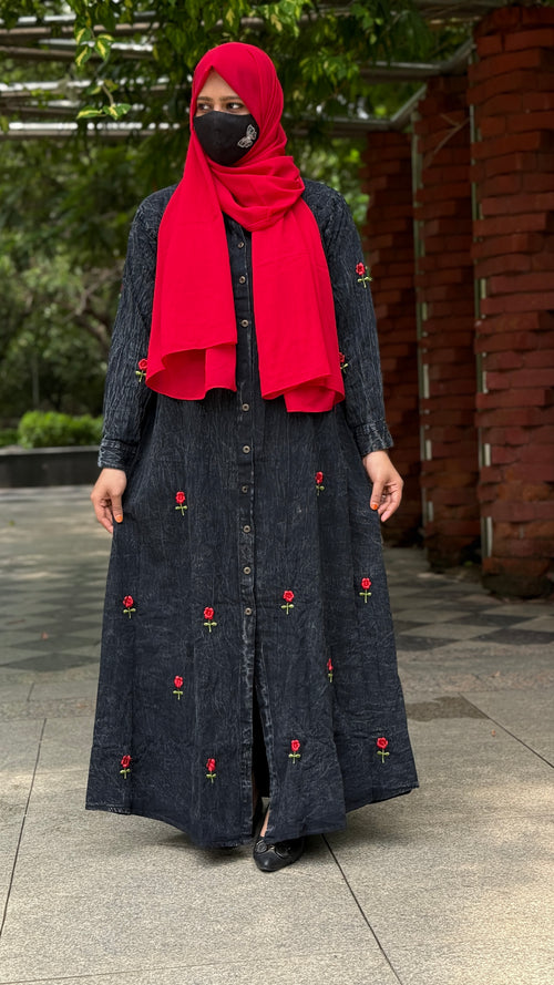 Denim Abaya Rose Embroidery Black