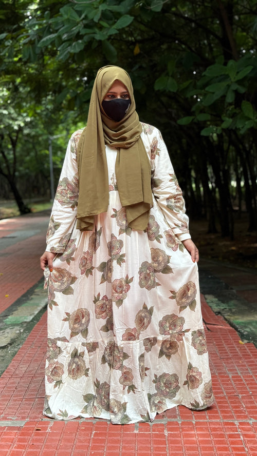 Soft Rayon Maxi White with Mehandi Green Floral