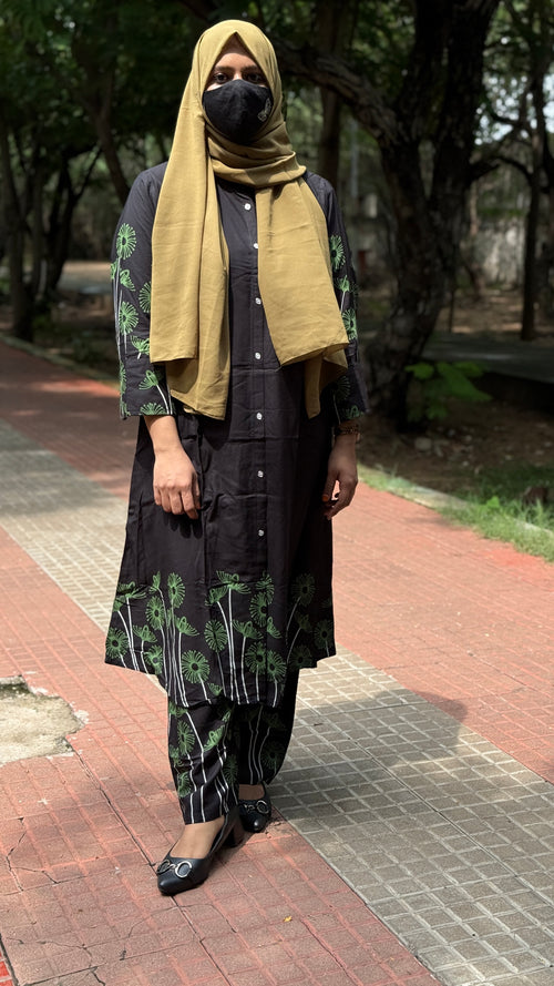 Heavy Rayon Cord Set Black with green