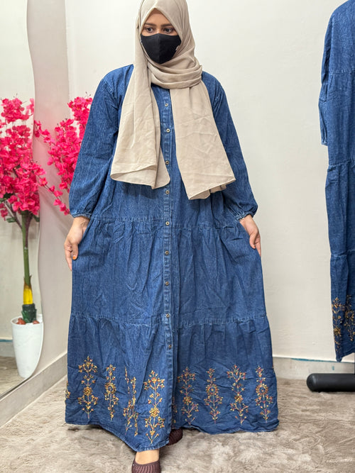 Denim Abaya Bottom Embroidery Blue