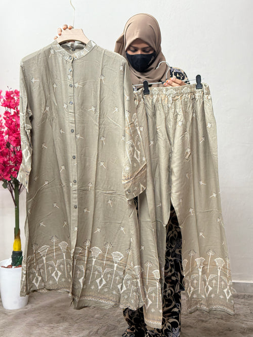 Soft Rayon Cord Set Cream Bot Print