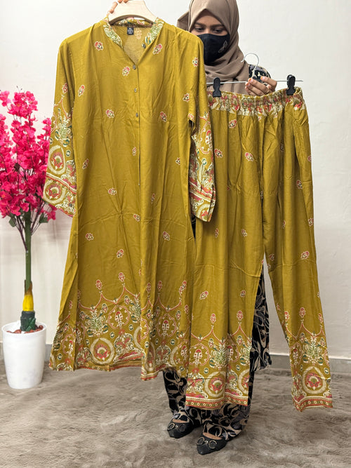 Soft Rayon Cord Set Mustard Yellow Bot Print