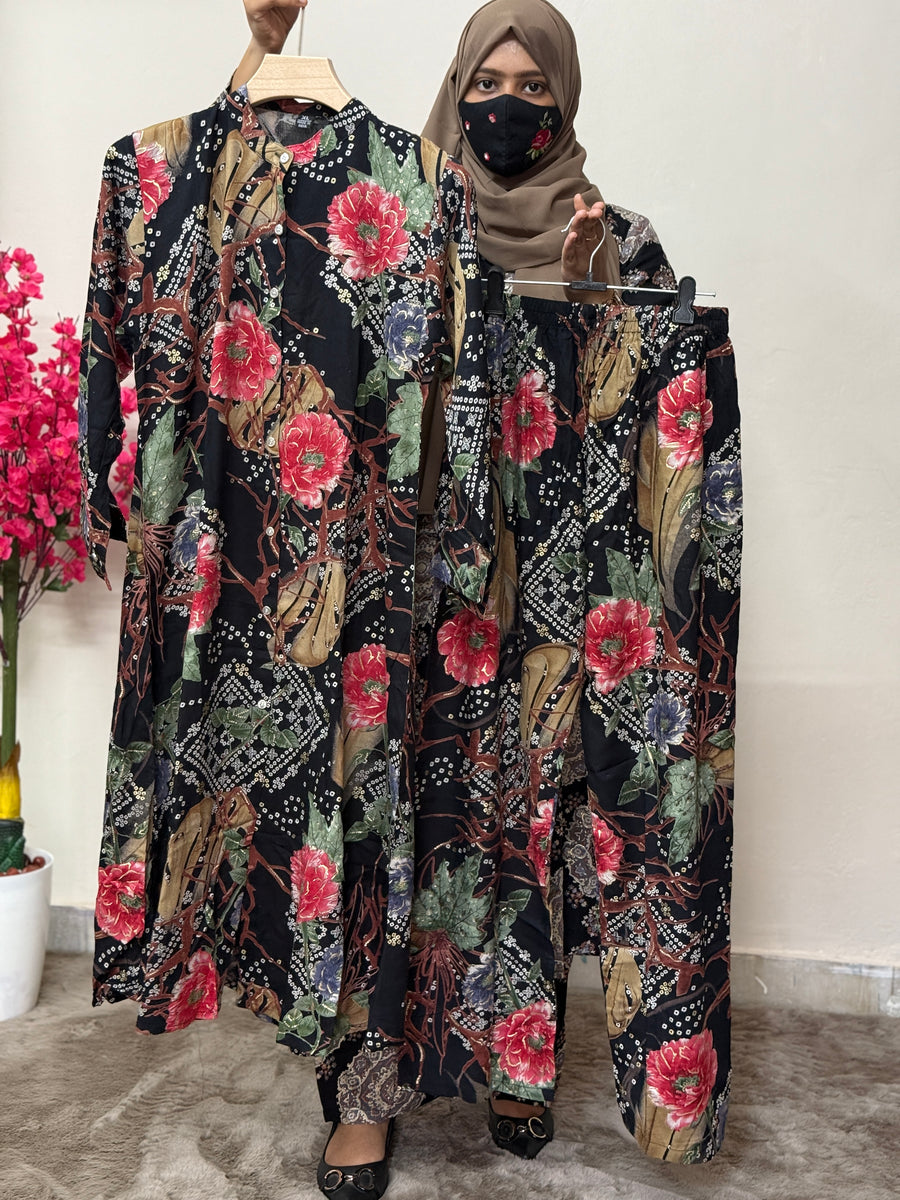 Soft Rayon Cord Set Black Floral Print