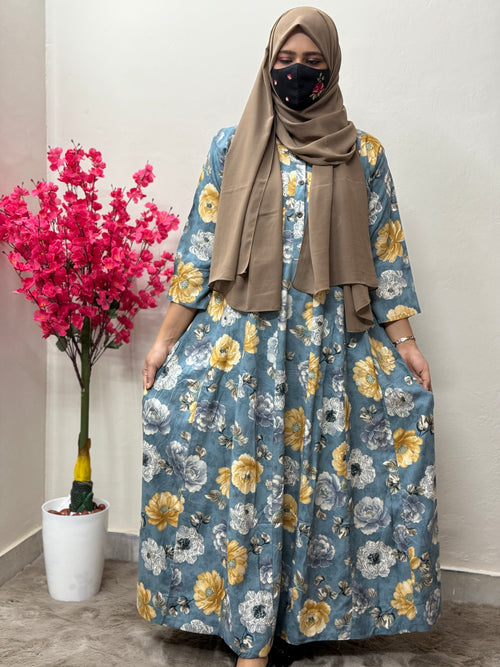 Panel Cut Maxi Floral Print Dusty Blue