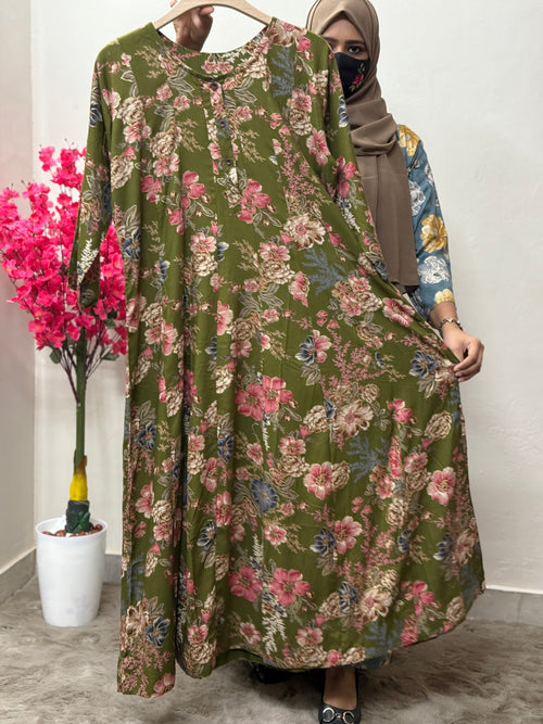 Panel Cut Maxi Floral Print Mehandi Green