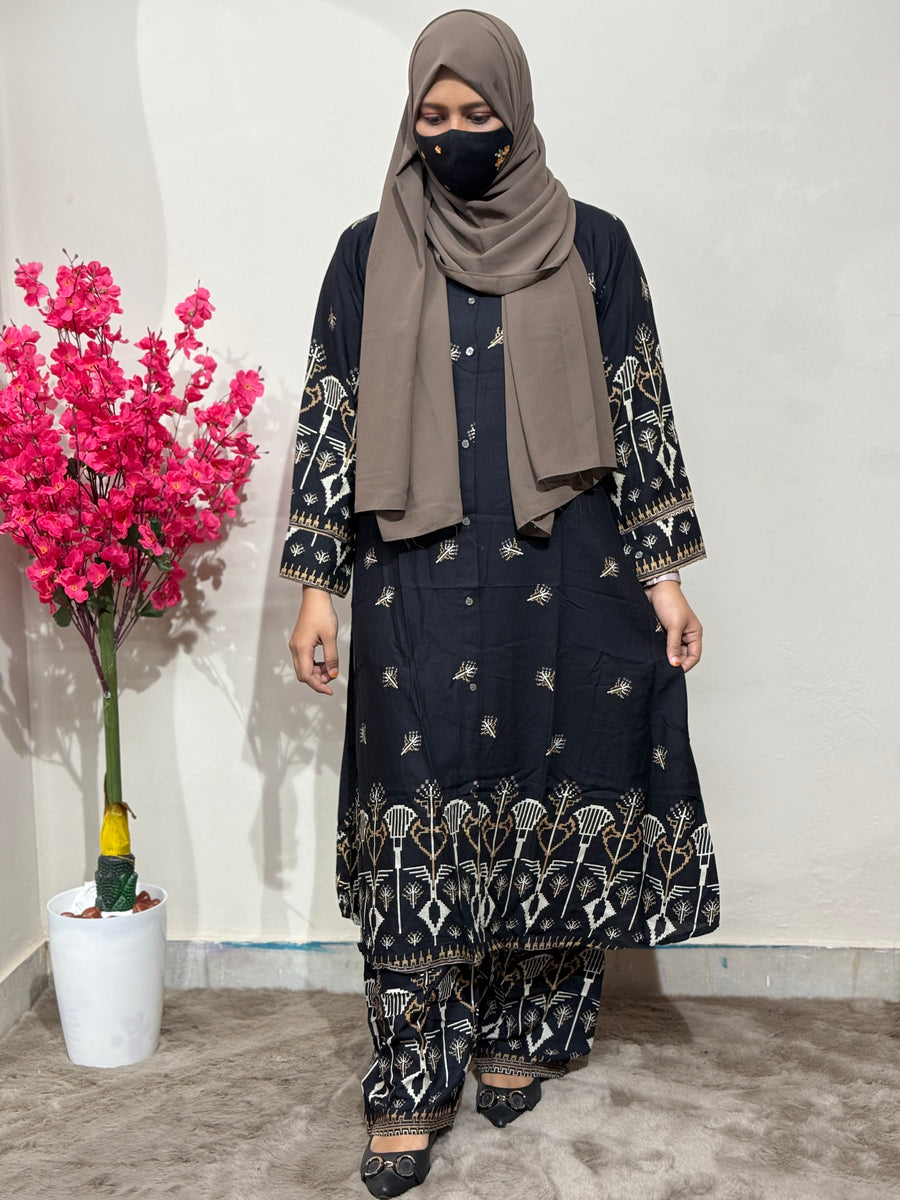 Soft Rayon Cord Set warli Print Black