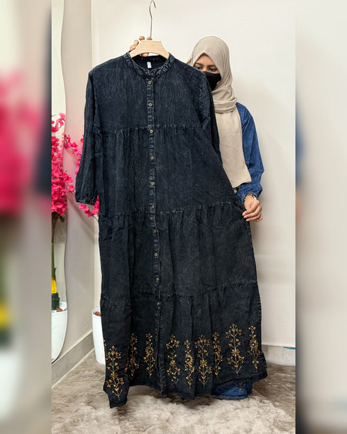 Denim Abaya Bottom Embroidery Black