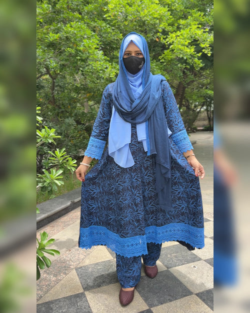Panel Cut 3pcs Dk Blue Leaf print