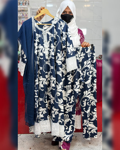 Panel Cut 3pcs Blue with White Floral