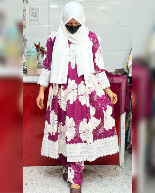 Panel Cut 3pcs Maroon with white floral