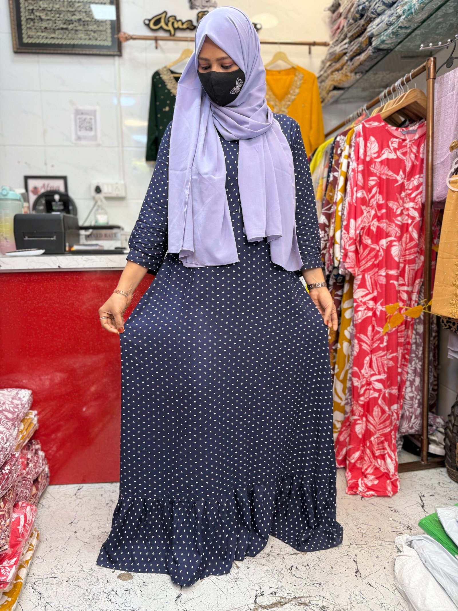 rayon maxi navy blue heart print