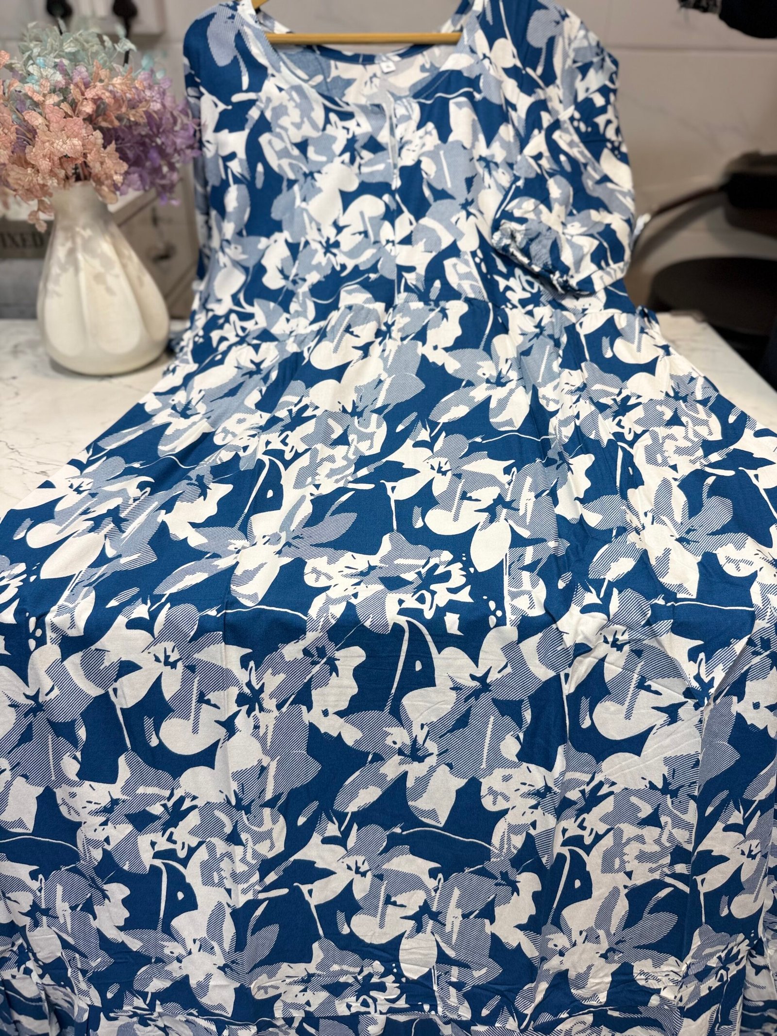 Rayon maxi teal blue with floral